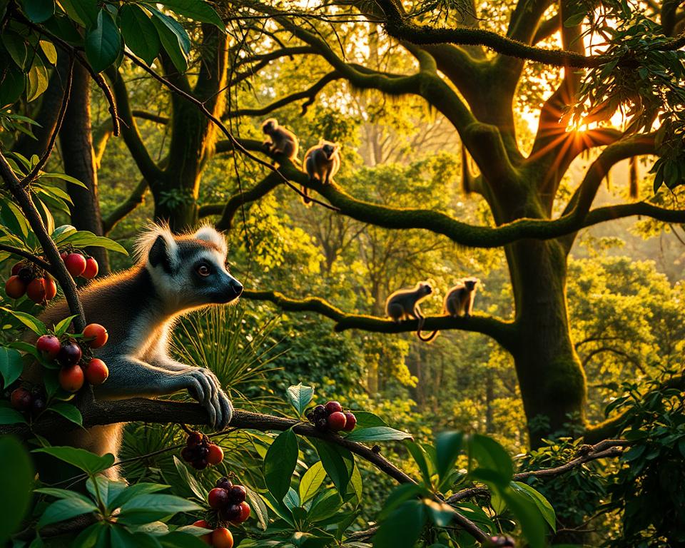 Lemuren Nahrungssuche in madagassischen Wäldern Lemuren Nahrungssuche in madagassischen Wäldern